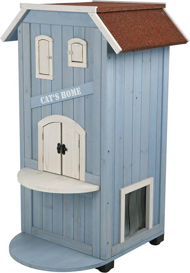 TRIXIE 'Cat's Home' Outdoor Cat House, Weatherproof 3-Story Cat House, Hinged Shutters with Latch & Perch, 2 Doors, Outdoor Shelter for Cats and Small Animals, Blue / White Pine Wood