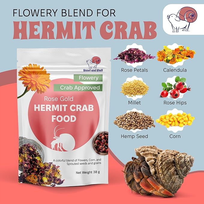 Rose Gold Natural Hermit Crab Food – Rose Petals, Calendula & Sprouted Grains – 39g – Snout and Shell