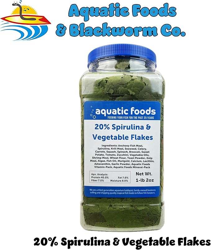 Aquatic Foods Inc. Vegetable & 20% Spirulina Plus Enhanced Premium Flakes for African Cichlids, Herbivores, AF…1-lb 2oz Lg Jar