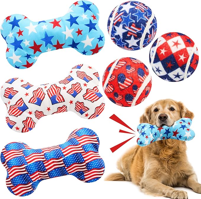 6 Pcs 4th of July Dog Toys Patriotic Day Puppy Tennis Balls and Squeaky Bone Plush Red White and Blue Pet Toys for Small Medium Large Dog Plush Chew Training Toss Balls Gift
