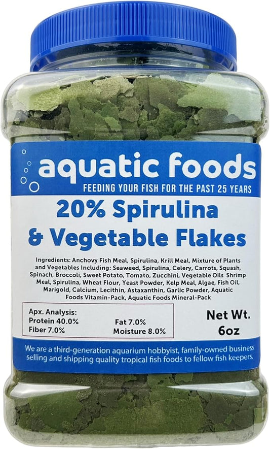 Aquatic Foods Inc. Vegetable & 20% Spirulina Plus Enhanced Premium Flakes. Aquatic Foods Premiun Flakes…6oz Med Jar