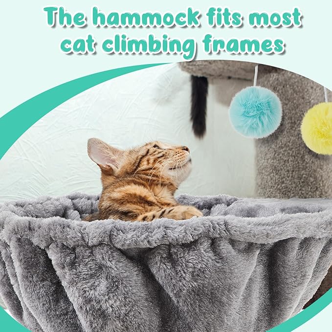 3 Pack 13" Large Cat Tree Hammock Basket Bed Lounger Tower Replacement Parts with 6 Pcs Hanging Elastic Strings Pom Pom Toys, Cat Tree Accessories Hammock Attachment (Gray)