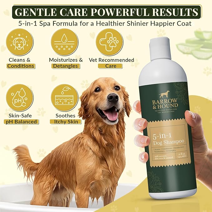 Barrow & Hound 5-in-1 Dog Shampoo & Conditioner – Natural, Tear-Free, Hypoallergenic Formula for Itchy & Smelly Dogs | Oatmeal, Aloe & Coconut | Safe for Puppies & All Breeds | Made in USA