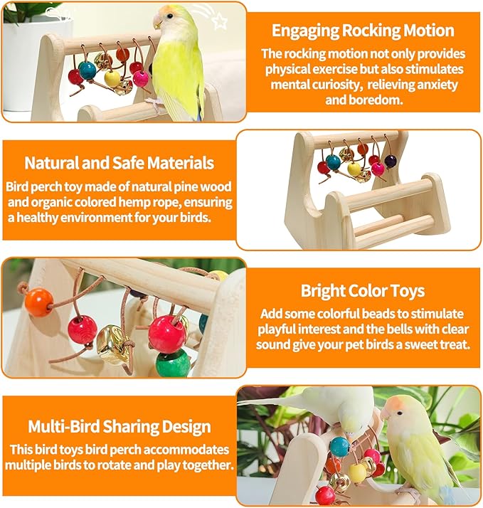 Bird Toys for Parakeets, Bird Perch Toy, Interactive Rocking Parakeet Toys, Enrichment Cockatiel Toy, Wooden Stand for Parakeets Cockatiels Lovebirds Conures Budgies