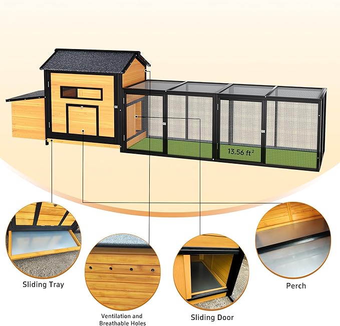 118" Extra Large Wooden Chicken Coop Outdoor Hen House with Dual Nesting Box, Leak-Proof Pull-Out Tray & Asphalt Roof – Predator-Proof Backyard Poultry Cage for Chickens and Small Farm Use Natural