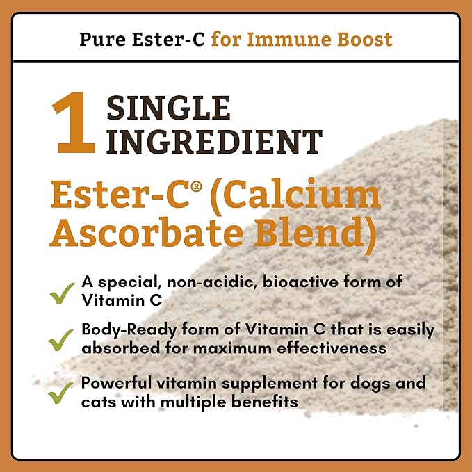 Wholistic Pet Organics Pure Ester-C Powder for Dogs - 1 Lb - Healthy Alternative to Dog Allergy Chews - Vitamin C Supplement for Dog Allergy Relief, Immune Support, Itch Relief for Dogs - Made in USA