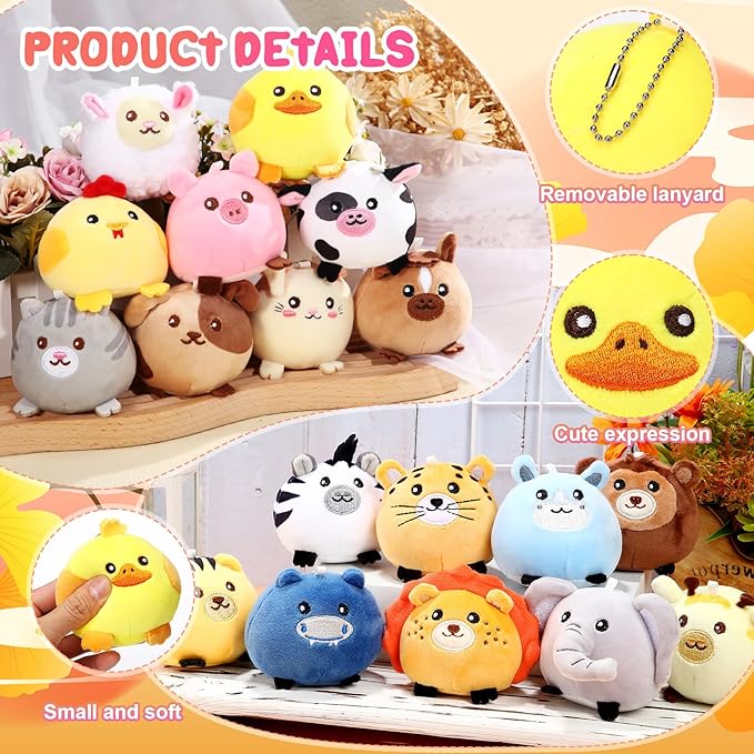18 Pcs Mini Stuffed Animals Bulk 3.15 Inch Small Plush Forest Farm Jungle Animal Toys Keychains Set for Birthday Gifts Easter Egg Fillers Basket Stuffers School Prizes Party Favors