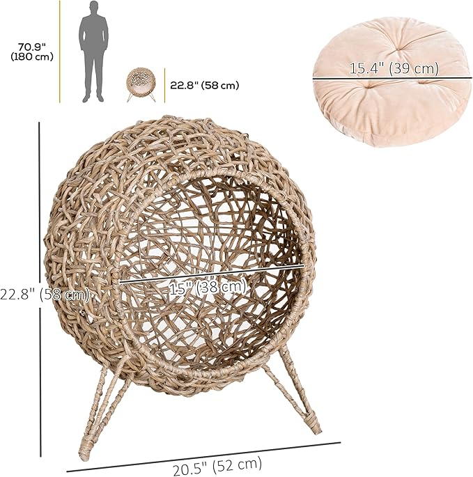 PawHut 20.5" Weaved Cat Bed, Elevated Hand-Woven Braided Banana Leaf Kitten House Condo with Cushion, Beige