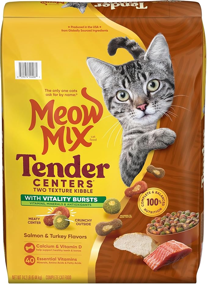 Meow Mix Tender Centers Dry Cat Food, Salmon & Turkey with Vitality Bursts, 14.2 Pound Bag
