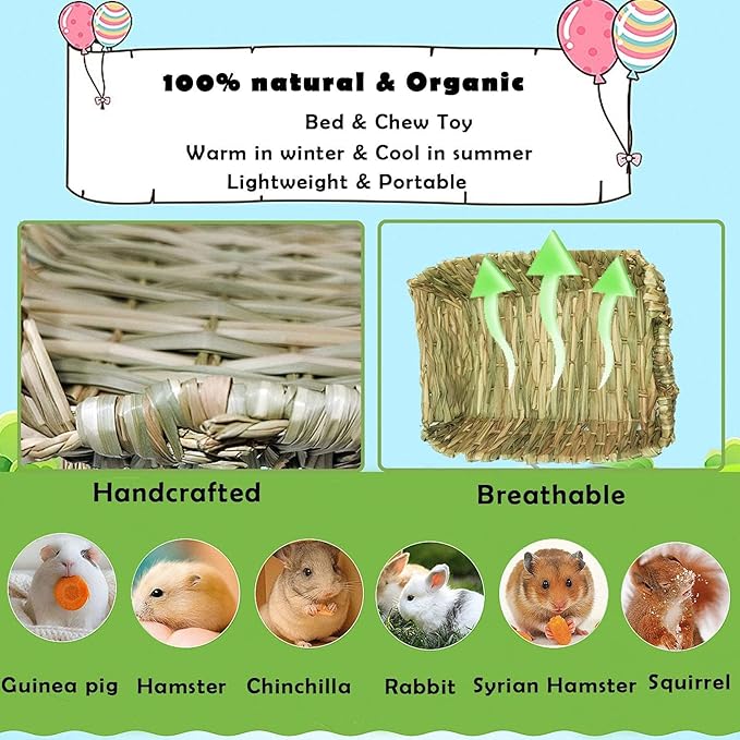 kathson Bunny Grass Bed Portable Grass Bed Mat Hand-Made with Natural Straw Lightweight Paws Protection Bedding Nest Small Animals Chew Toys for Rabbit Guinea Pig Hamster Gerbil Chinchilla Mice