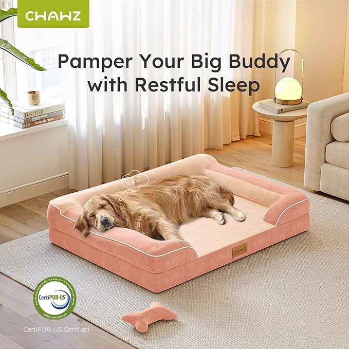 Dog Beds for Large Dogs, Orthopedic Dog Bed with Cooling Gel Memory Foam, Waterproof Large Pet Bed with Removable Washable Cover, 36" Pet Sofa Couch Dutch Velvet with Bone Toy, Peach Pink