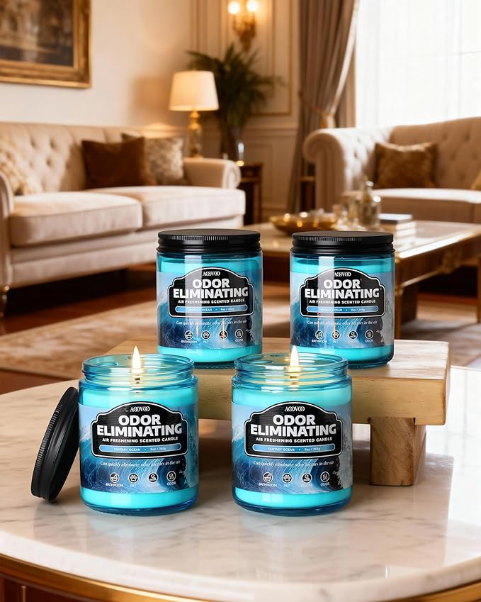 AOOVOO 4 Pack Fantasy Ocean Odor Eliminating Highly Fragranced Candle - Eliminates 95% of Pet, Smoke, Food, and Other Smells Quickly, Air Freshing Soy Candle