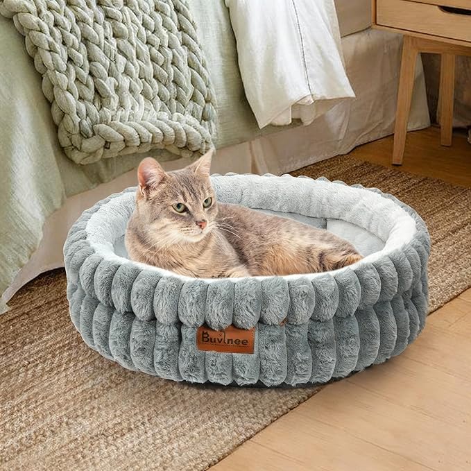 Cat Beds for Indoor Cats, Washable Round Bed for Small Dogs, Soft Pet Bed for Puppy and Kitten with Anti-Slip Bottom (Gray, 24in)