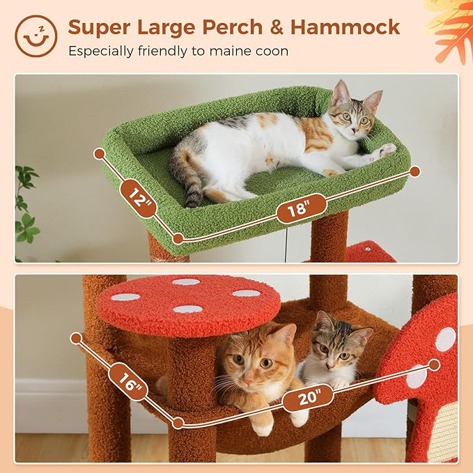 PETEPELA 56.3 Inches Mushroom Cat Tree Tower with Cute Mushroom Cat Scratching Board, Cat Condo, Extra Large Hammock and Plush Perches, Brown
