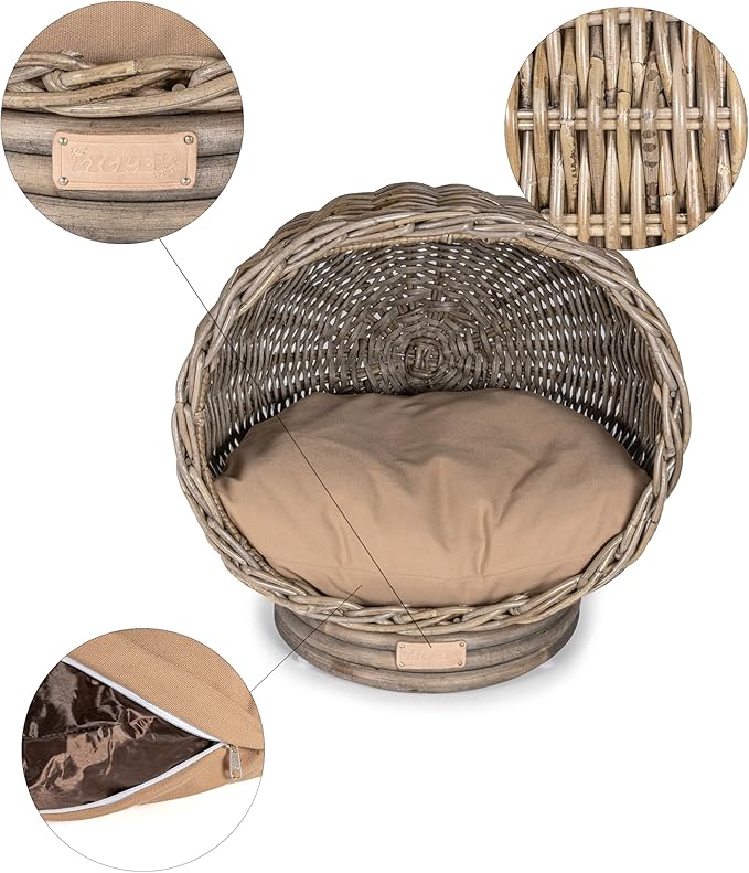 CBD1001A Socket Dome 19.5" x 17" Bohemian Handwoven Rattan Cat Bed with Machine-Washable Cushion, Kubu Gray