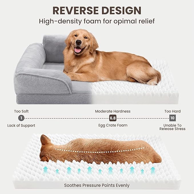 Orthopedic Dog Beds for Medium Size Dogs, Waterproof Egg-Crate Foam Pet Couch Bed with Soft Sides, Non-Slip Dog Sofa with Flannel Removable Washable Cover, 28" Supportive Pet Sofa, Light Grey