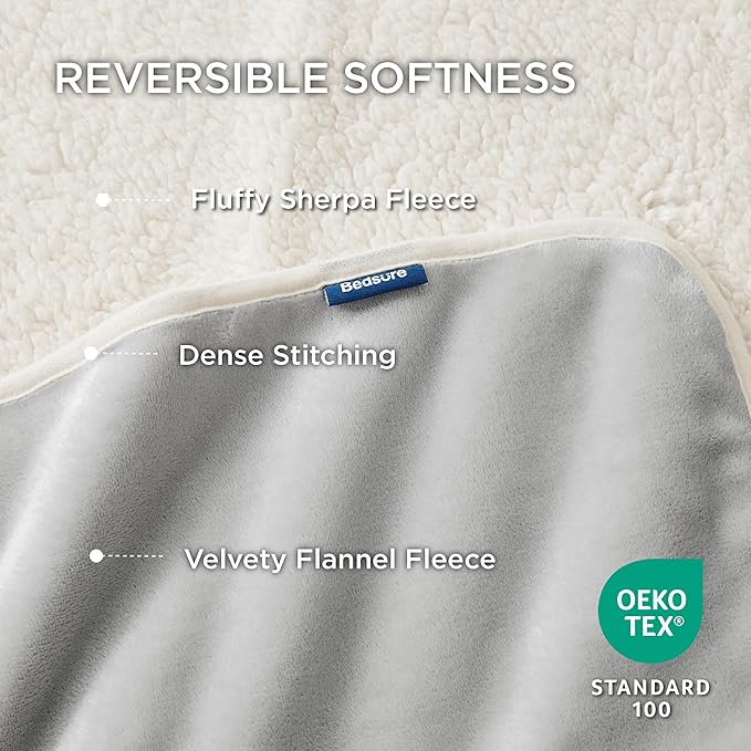 Bedsure Waterproof Blanket for Bed - Sherpa Fleece Waterproof Dog Blankets for Large Dogs, Pet Blankets for Bed/Couch/Dog Crate, Soft Plush Reversible Furniture Protector, Queen, 90"x86", Light Grey