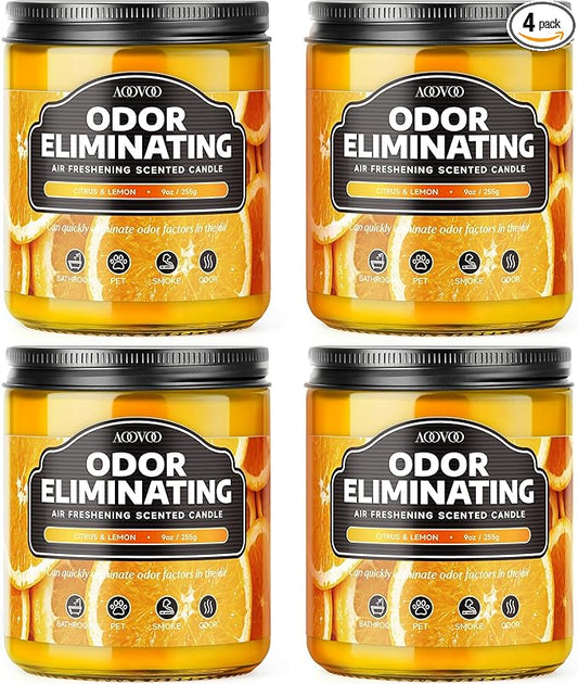 AOOVOO 4 Pack Citrus Lemon Odor Eliminating Highly Fragranced Candle - Eliminates 95% of Pet, Smoke, Food, and Other Smells Quickly, Air Freshing Soy Candle