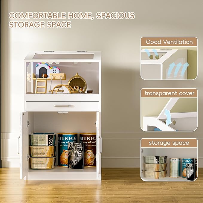 Hamster Cage with Storage Cabinet,Hamster Cag for Small Animals, Large Hamster Cage and Habitat with Easy View Acrylic Panels for Hamster, Rabbit, Hedgehog (24"x19"x40")