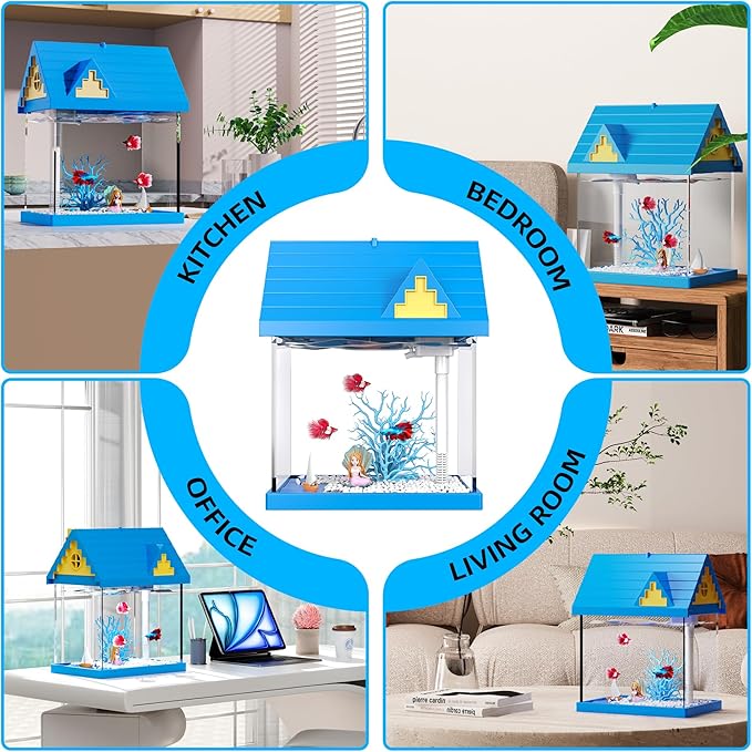 FREESEA Aquarium Betta Fish Tank: 2 Gallon Glass Betta Tank with Filter and Light for Shrimp Jellyfish Goldfish - Small Aquarium Starter Kit for Home Office Room Decorative Desktop Kids Gifts