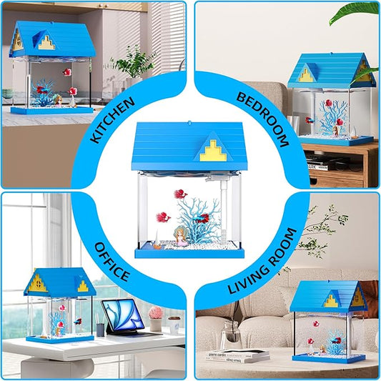 FREESEA Aquarium Betta Fish Tank: 2 Gallon Glass Betta Tank with Filter and Light for Shrimp Jellyfish Goldfish - Small Aquarium Starter Kit for Home Office Room Decorative Desktop Kids Gifts