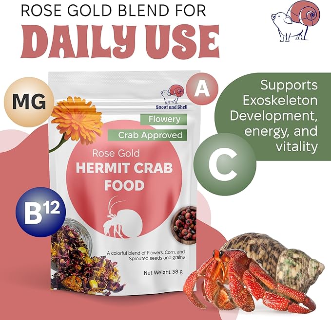 Rose Gold Natural Hermit Crab Food – Rose Petals, Calendula & Sprouted Grains – 39g – Snout and Shell