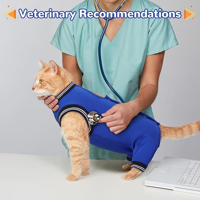 PUMYPOREITY Cat Recovery Suit for Hind Legs, Cat Surgical Spay Suit with Leg Sleeves to Stop Licking, Long Rear Sleeve Wound Cover Abdomen Kitten Onesie, Blue, XL