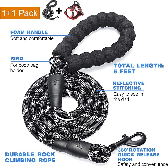 No Pull Harness with A Free Heavy Duty 5ft Leash for Medium Large Dog Adjustable Reflective Oxford Easy Control (L (Neck: 18"-25.5", Chest: 25.5"-31"), Black/red Harness+Leash)