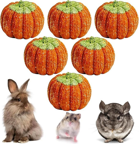 Fhiny 6 PCS Rabbit Chew Toys, Natural Pumpkin Carrot Timothy Grass Guinea Pig Chew Toys for Teeth Bunny Molar Snacks Dental Care Hamster Treats for Bunny Guinea Pig Chinchilla Hamster Gerbil