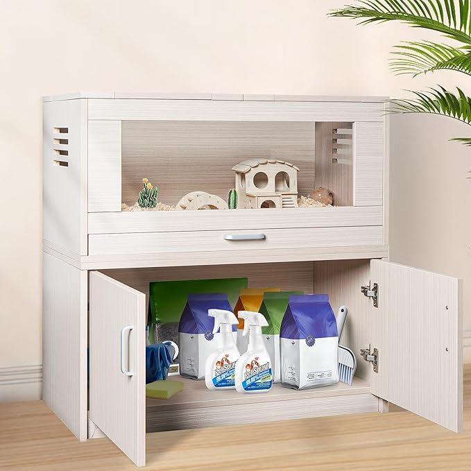 Guinea Pig Cages, Hamster Cage Wood with Independent Storage Cabinet, House for Rat Chinchilla with Guinea Pig Hutch and Bridge, Openable Top with Acrylic Sheets(Wood, 32.28 inch)