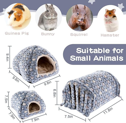MABOZOO 3 Pack Guinea Pig House Accessories, Washable 2 Guinea Pig House and Hideout Tunnel with Curtains, Chinchilla Hideout for Hamster, Rabbit, Bunny, Chinchillas (Blue-Star)
