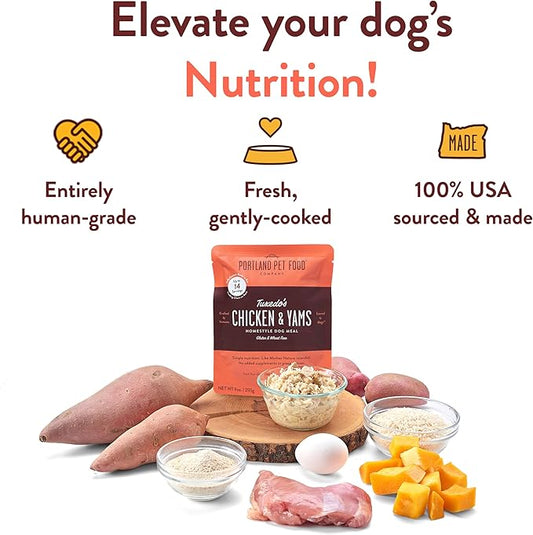 Portland Pet Food Company Tuxedo’s Chicken & Yams Fresh Dog Food Pouches - Human-Grade, Gluten-Free Wet Pet Meal Topper & Mixers - Large & Small Breed Puppy & Senior Dogs - Made in The USA - 8 Pack
