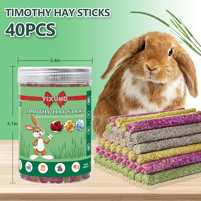 40PCS Rabbit Chew Sticks with Lavender, Timothy Hay, Calendula, Rose,Bunny Chew Toys, Guinea Pig Toys, Chinchilla Toys - Healthy Teeth & Boredom Relief Safe for Small Rodents