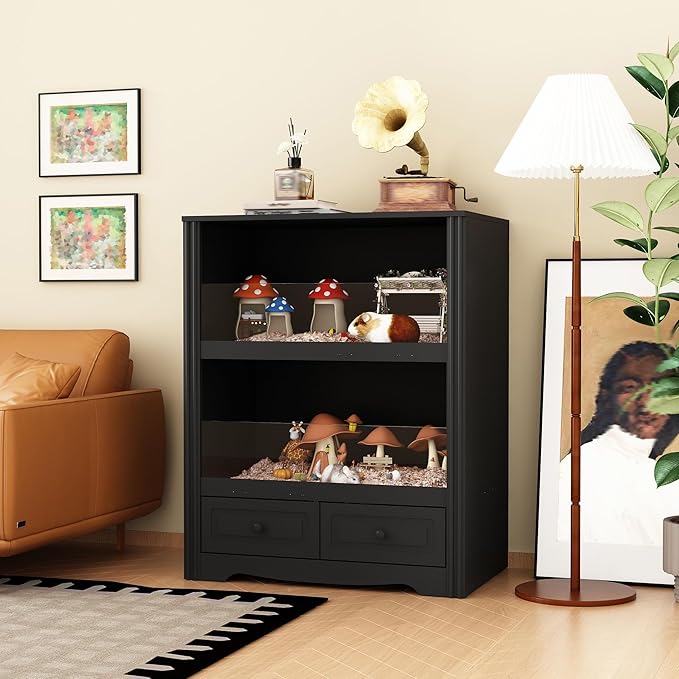 Guinea Pig Cages, Small Animal Hamster Critter Nation Cage and Habitats, Small Animal Observation Box, Guinea Pig Cabinet with 2 Layers, 2 Large Drawers, Black