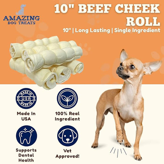 Amazing Dog Treats - Beef Cheek Rolls (10 Inch Regular - 4 Pcs) - Safe Rawhide Alternative Dog Chew - Great for Power Chewers - Long Lasting Dog Chew - Retriever Rolls for Dogs