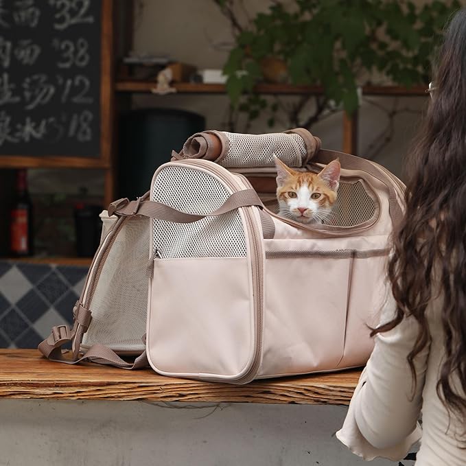 FUKUMARU Cat Backpack Carrier, Expandable Small Pet Carriers for Cats with 4 Pockets, Hiking Travel Carrier Bag for Small Animal, Airline Approved Cat Carrier with Rollable Cover for Nervous Cat, Pink