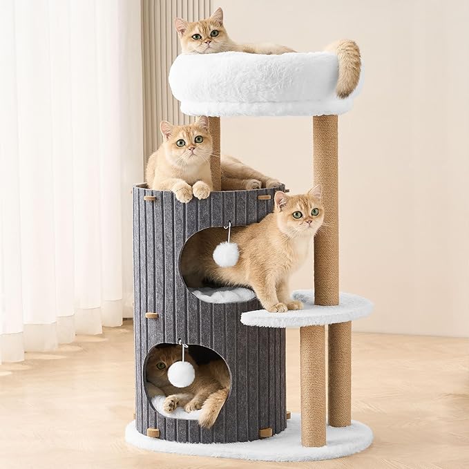 Modern Cat Tree for Indoor Cats Large Adult, 36in H Cat Condo Tower with Scratching Posts, Cozy Cat Bed Cave, Washable Cushions, Dangling Balls, Play&Nap Cat House for All Breeds of Cats, Gray