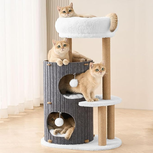 Modern Cat Tree for Indoor Cats Large Adult, 36in H Cat Condo Tower with Scratching Posts, Cozy Cat Bed Cave, Washable Cushions, Dangling Balls, Play&Nap Cat House for All Breeds of Cats, Gray