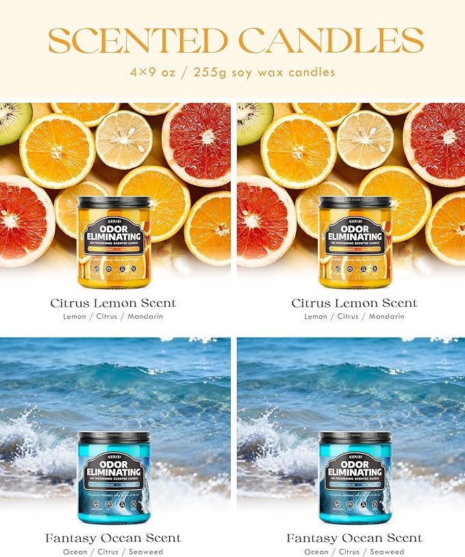 AOOVOO 4 Pack Citrus Lemon/Fantasy Ocean Odor Eliminating Highly Fragranced Candle - Eliminates 95% of Pet, Smoke, Food, and Other Smells Quickly, Air Freshing Soy Candle
