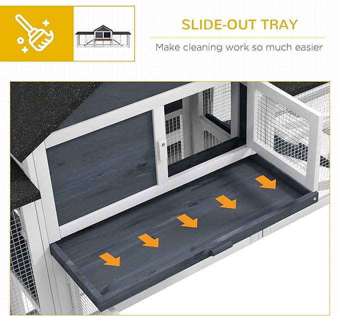 PawHut 83" L Outdoor Rabbit Hutch, Guinea Pig Cage Indoor Outdoor Wooden Bunny Hutch with Double Runs, Weatherproof Roof, Removable Tray, Ramps, Dark Gray