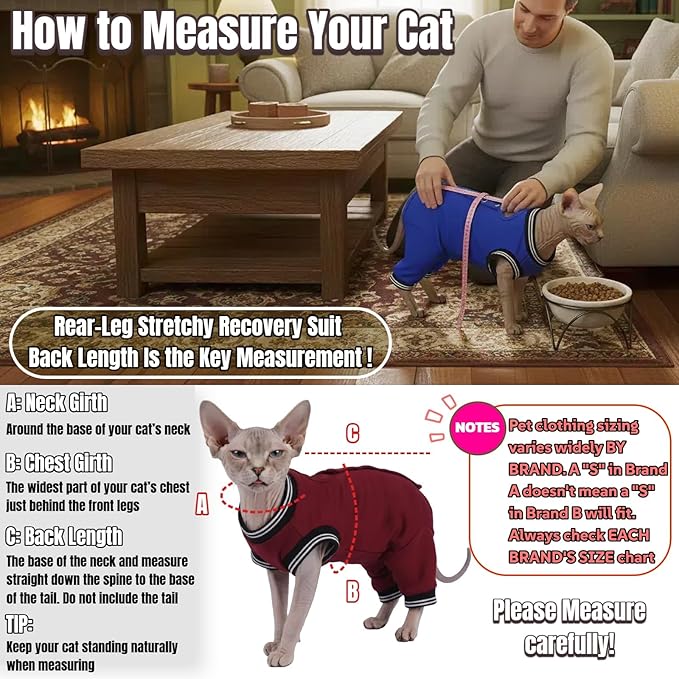 T'CHAQUE Cat Surgery Recovery Suit for Female Male, Cat Onesie Pet Surgical Pajamas Long Sleeve, Abdominal Wound Healing, E-Collar Alternative, Spay/Neuter Recovery Garment-Burgundy-XL