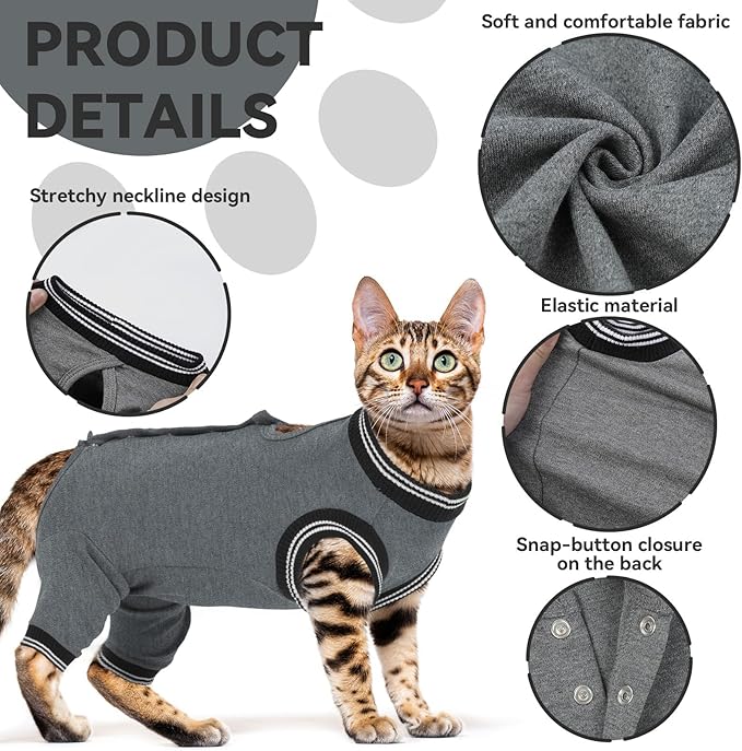 T'CHAQUE Cat Surgery Recovery Suit for Female Male, Cat Onesie Pet Surgical Pajamas Hind Legs Long Sleeve, Abdominal Wound Skin Diseases, E-Collar Alternative, Spay/Neuter Recovery Suit, Gray-XL