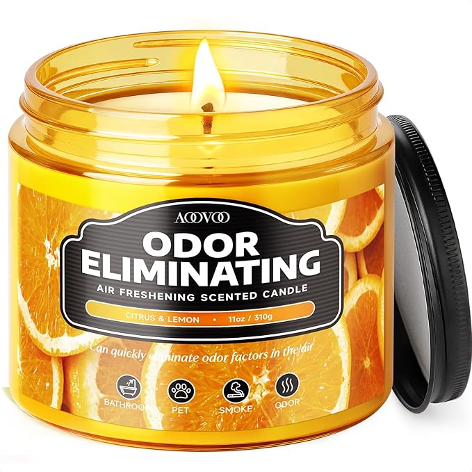 AOOVOO Citrus Lemon 11 oz Large Odor Eliminating Candle - Eliminates 95% of Pet, Smoke, Food, and Other Smells Quickly, Long Lasting Highly Fragranced Air Freshing Soy Candle