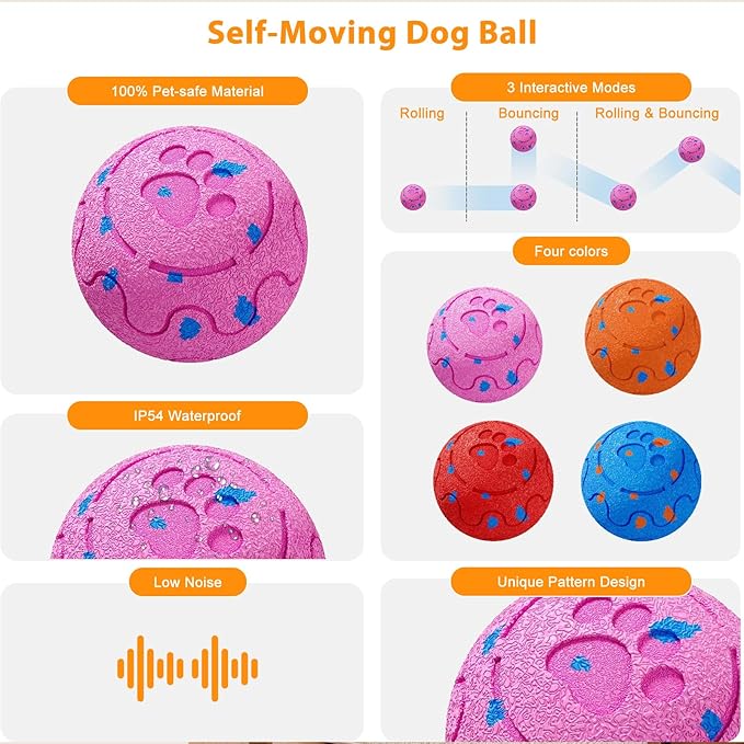 Dog Balls: Interactive Dog Ball, Self-Moving Dog Toy with Auto-Rolling & Bouncing, E-TPU Material, IP54 Waterproof, Motion-Activated, for Small/Medium/Large Dogs (Pink)