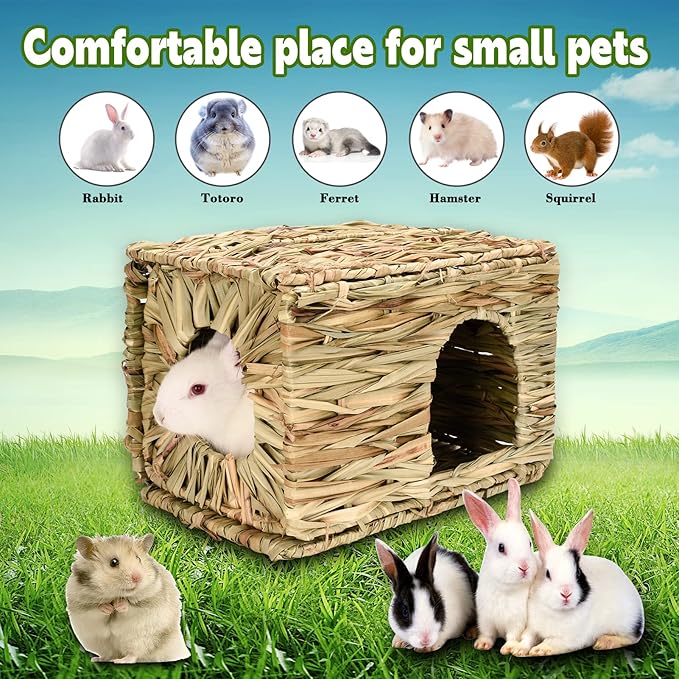 Grass House for Rabbits,Sangle Sopffy,Hand Woven Bunny Grass House,Natural Grass Hideaway for Bunny Guinea Pig Chinchilla Ferret Hamster Squirrel with Rabbit Chew Toys (2 Pack, 10.2*11.4*14.5 inch)