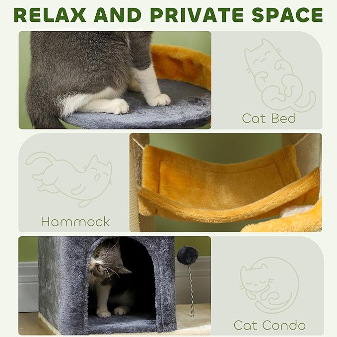 PawHut Cat Tower, 63 Inch Tree for Large Adult Indoor Cats with Scratching Post, Hammock, Condo, Bed, Scratching Board & Toys, Moon and Star Themed Cat Tree Tower, Beige