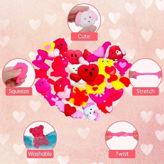 24Pcs Valentines Day Mochi Squishy Toys Squishies for Kids School Class Classroom Valentines Day Cards Gifts Prizes Party Favors