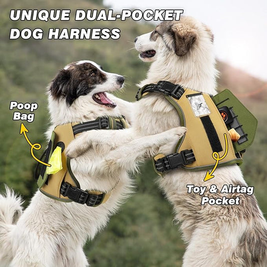 WINGOIN Tactical Dog Harness for Medium Dogs, No Pull Harness with Handle 2 Pockets Poop Bag, Reflective Dog Vest, Military Service Heavy Duty Big Dog Harness for Walking Hiking Training (Khaki, M)