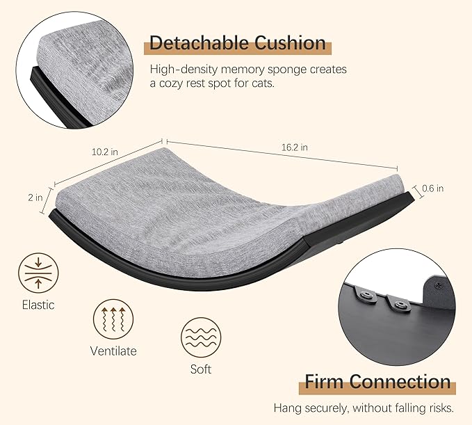 Cat Wall Shelves Set - Curved Wall Foam Bed and 2 Floating Wall Grey Steps, Wall Mounted Cat Climbing Shelves for Sleeping, Playing, and Lounging