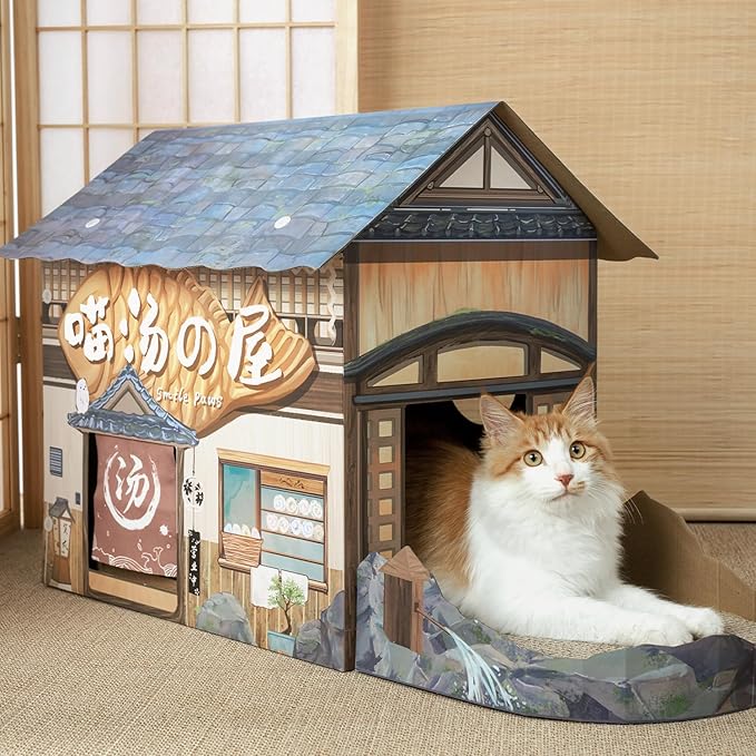 Cat Beds for Indoor Cats, Cardboard Cat House with Scratchers, Onsen Hotel, Large Sturdy Cat Furniture Condo Cave Tent, Easy to Assemble Pet Toys Accessories Stuffs, Bunny Small Animals